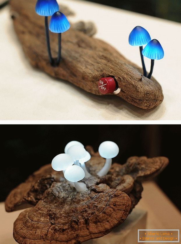 LED svjetiljka u obliku gljiva na komadiću drva