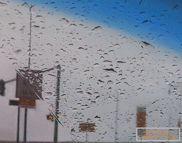 Pogled iz automobila na kiši, ulje na platnu