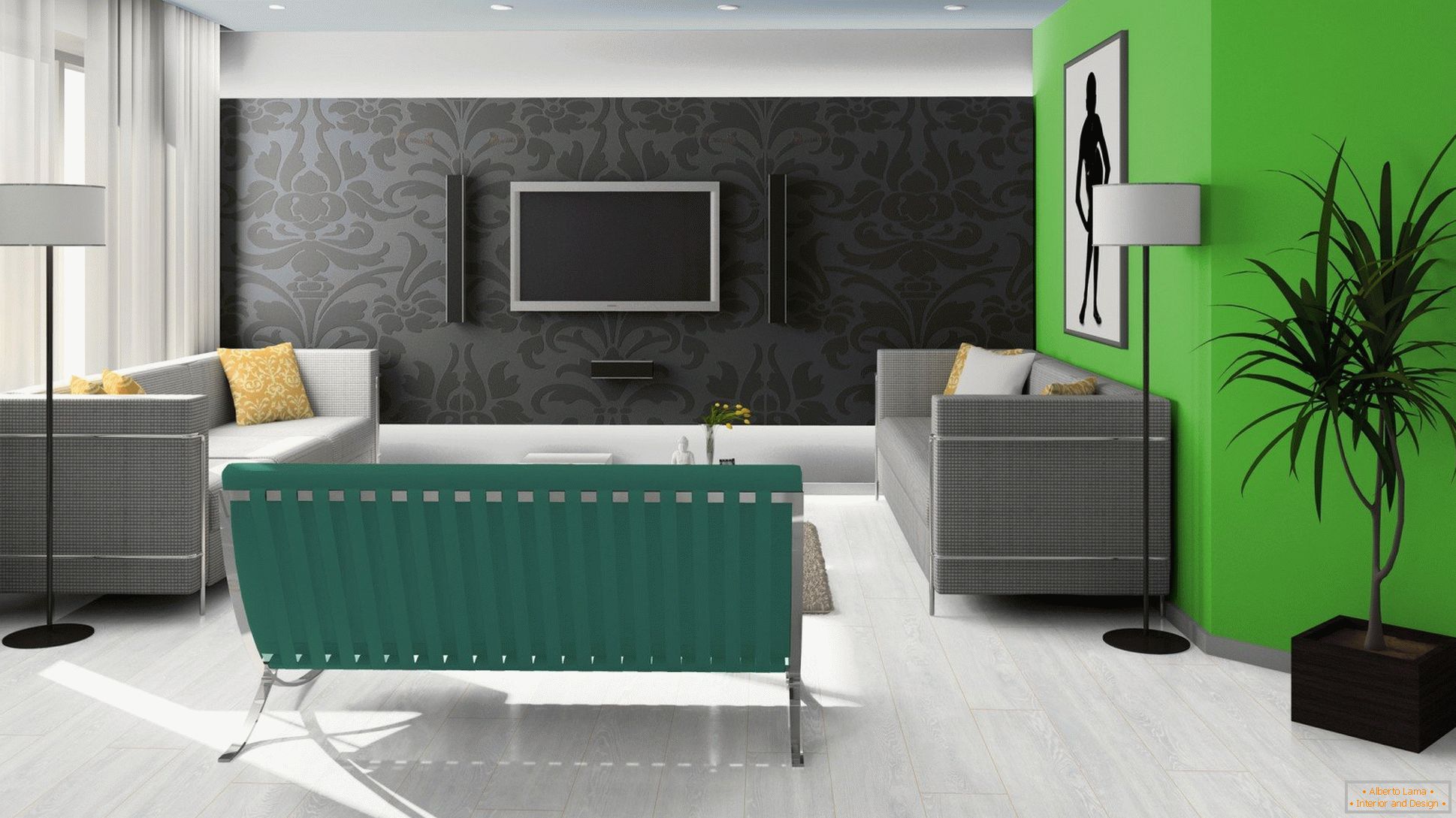Crna, zelena i bijela u dizajnu dnevne sobe