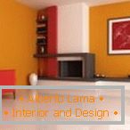 Kombinacija narančaste, crvene i bijele boje u dizajnu dnevne sobe