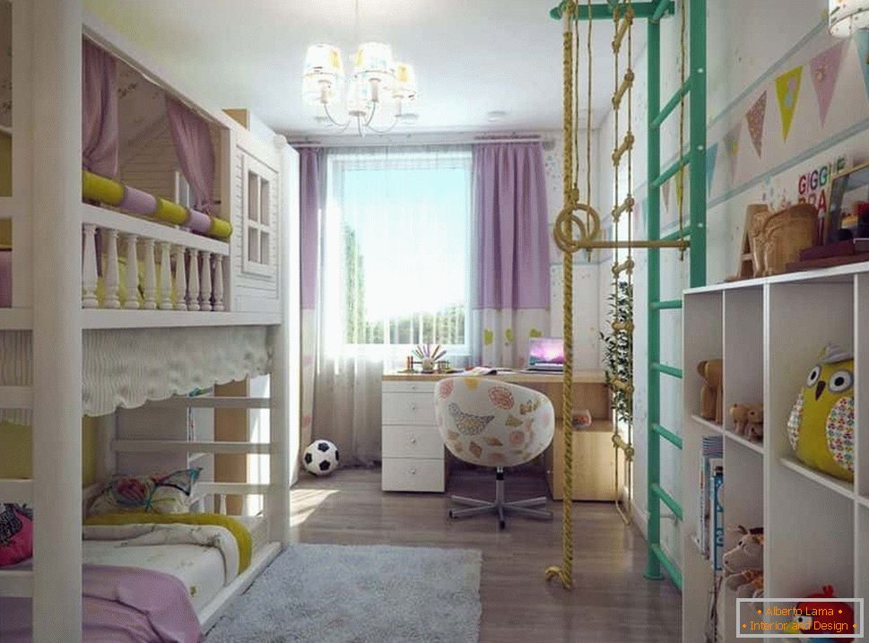 Dječja soba u Hruščovu s dva kreveta na katovima i švedskim zidom