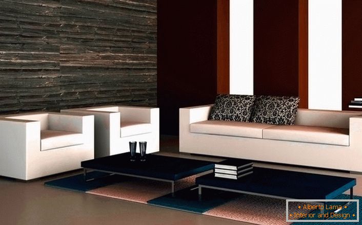 Dizajn projekta dnevnog boravka u high-tech stilu. Lakonski kauč s dvije fotelje izgleda skladno u minimalističkom stilu. 
