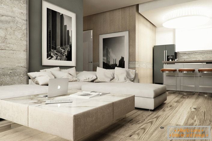 Suzdržani dizajn sofe u visokotehnološkom stilu vrijedan je za puno identičnih jastuka iste boje kao i presvlake. 