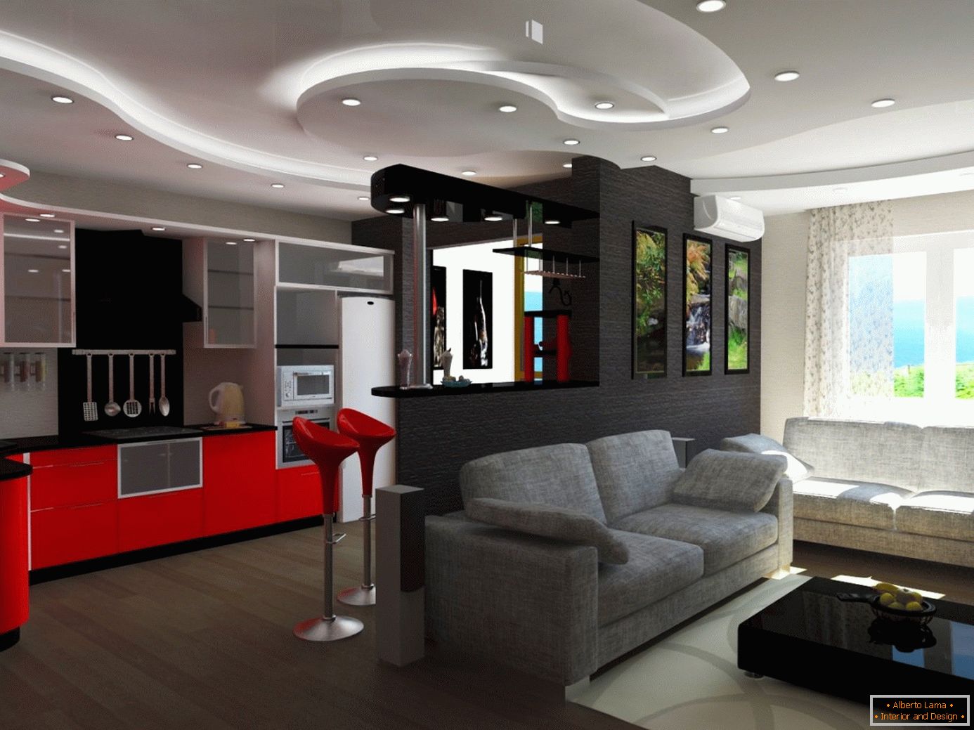 Dizajnirani kuhinjski studio s višeslojnim stropom