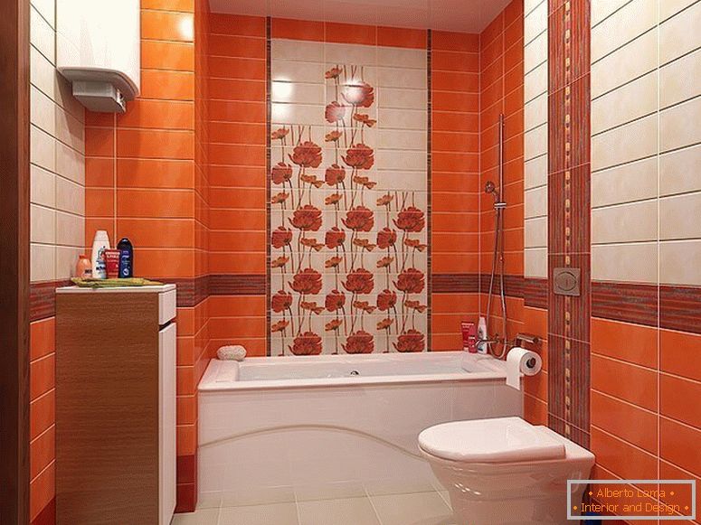 Narančaste pločice u unutrašnjosti male kupaonice