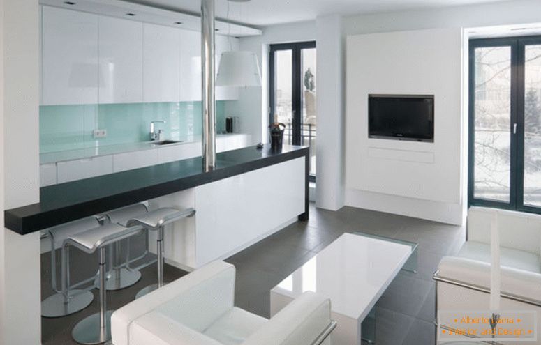 sobe-jednostavna-studio-apartman-dizajn-ideja-za-dnevni boravak-sa-bijelom-kauč-sa-bijelom-stol-sivo-poda pločica i stakla vrata-sa-crnim-frame-elegant- studio-apartman-design-ideje