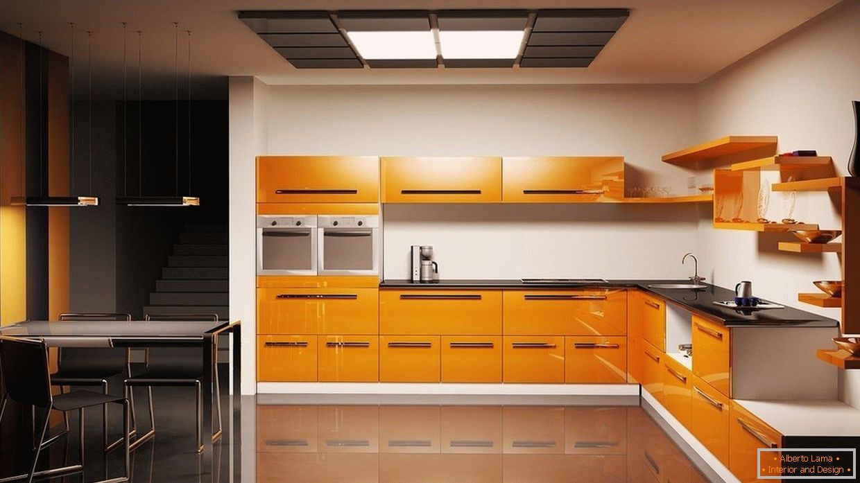 Narančasti namještaj postavljen u kuhinji