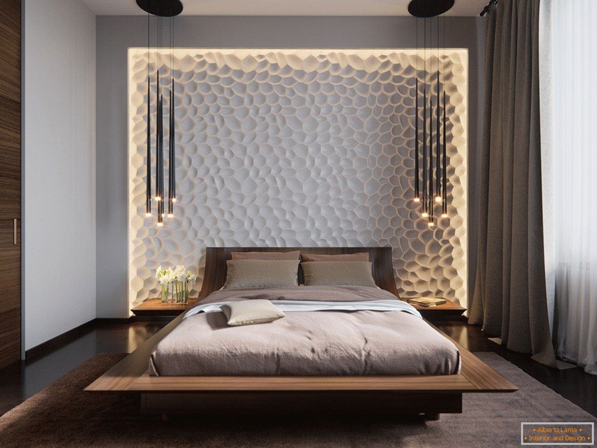 3D paneli na zidu spavaće sobe s osvjetljenjem