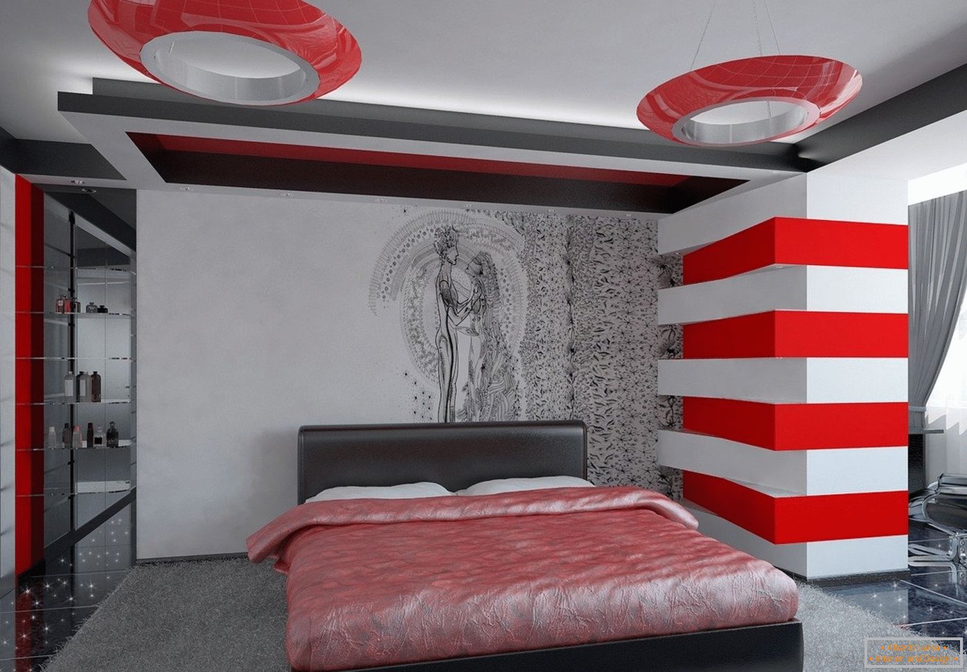 Svijetle boje u unutrašnjosti spavaće sobe u stilu visoke tehnologije