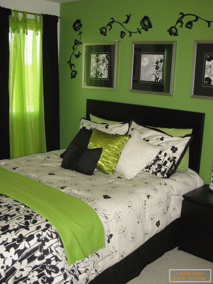 Kombinacija zelene i crne boje u unutrašnjosti spavaće sobe