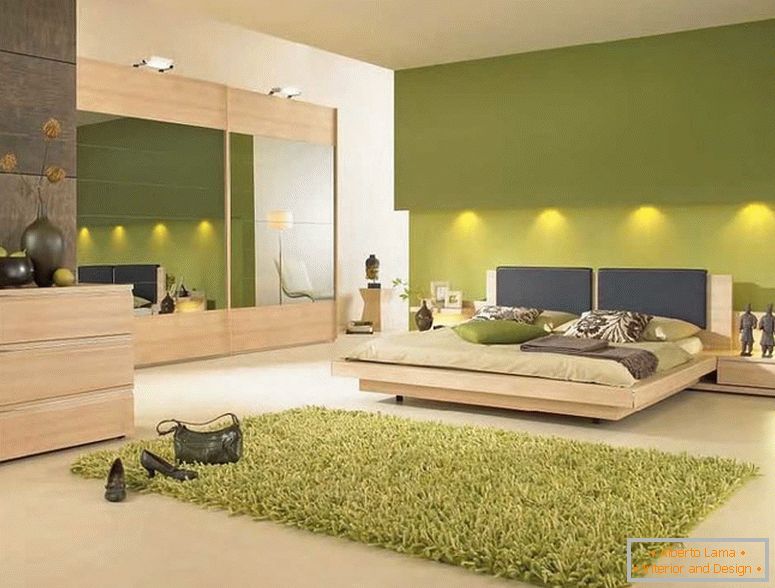 Interijer spavaće sobe u zelenim bojama с подсветкой 