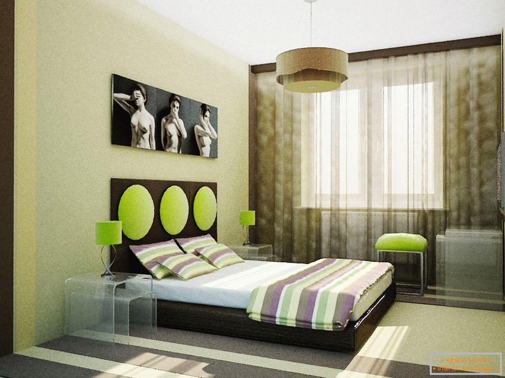 Neuobičajeni dizajn spavaće sobe u bež zelenim bojama