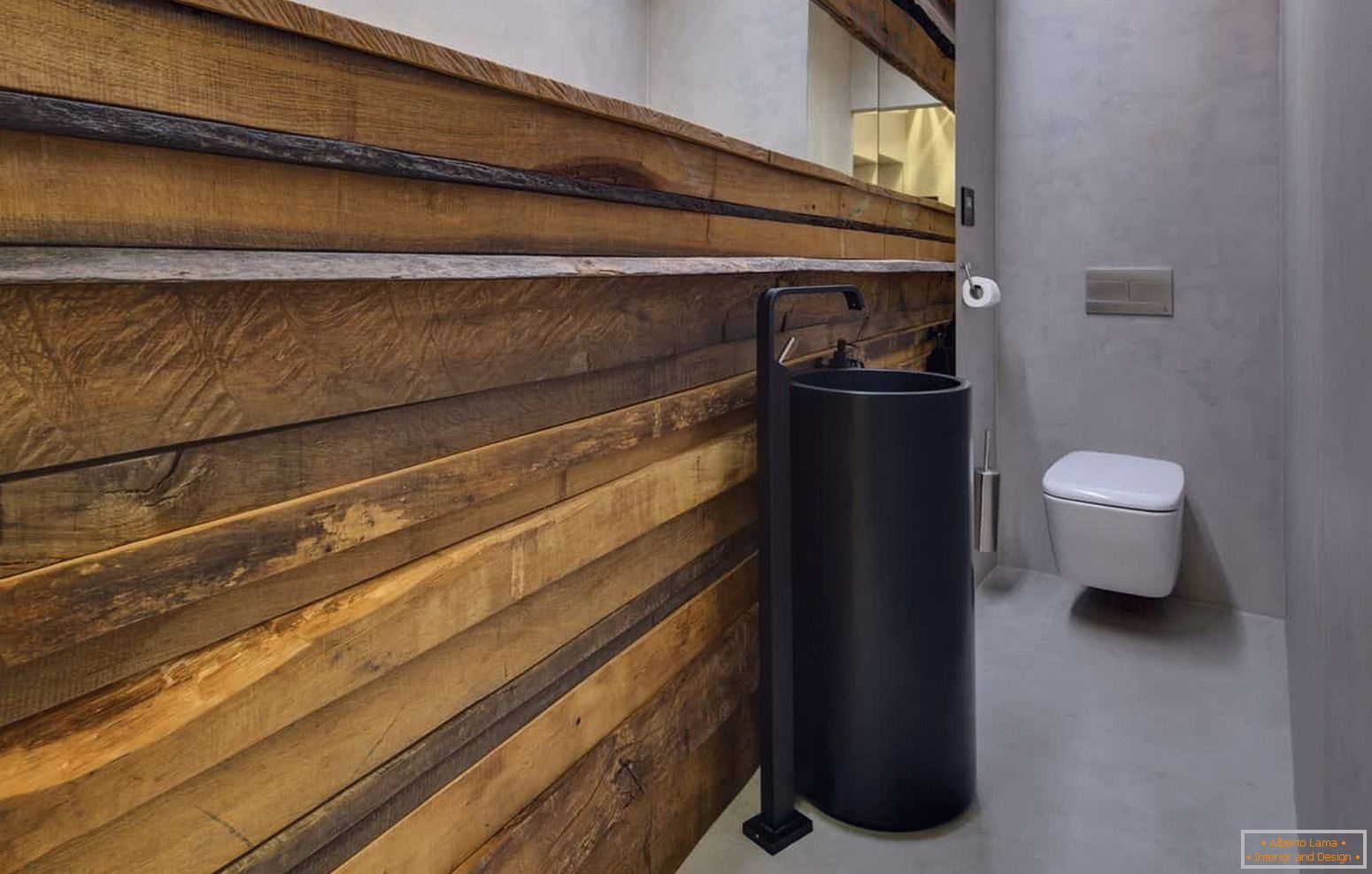 Moderni dizajn malog wc-a u ekološkom stilu s neobičnim ljuskom