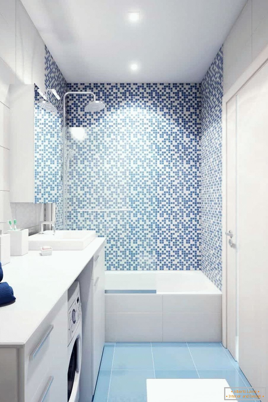 Bijelo-plava kupaonica u kući ploče