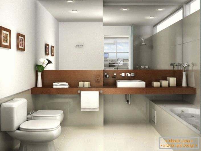 Kupaonica u stilu minimalizma ukrašena je svjetlosivim nijansama. Pogled je privučen velikim zrcalom, koje zauzima cijeli zid iznad umivaonika.