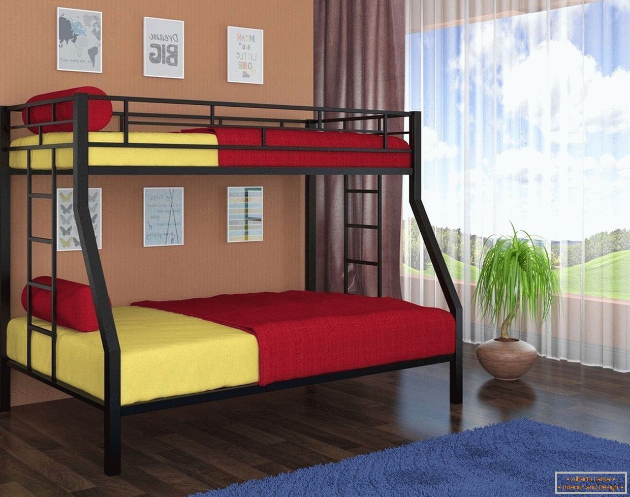 Žuta i crvena posteljina u krevetu na kat