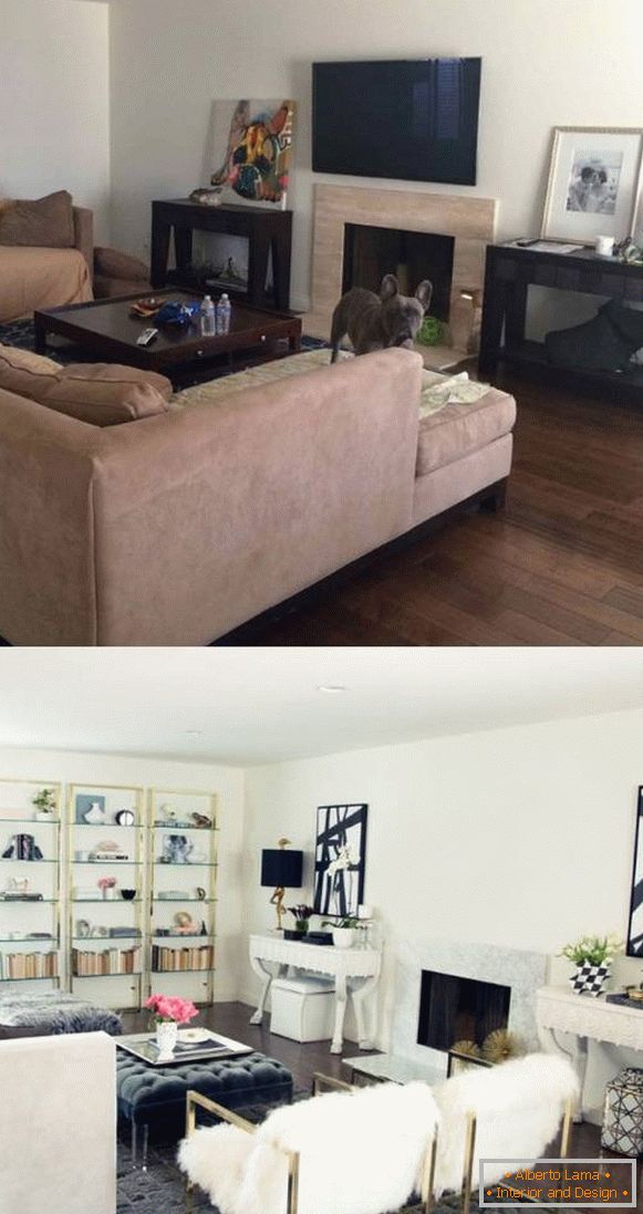 Interijer dnevne sobe privatne kuće prije i poslije