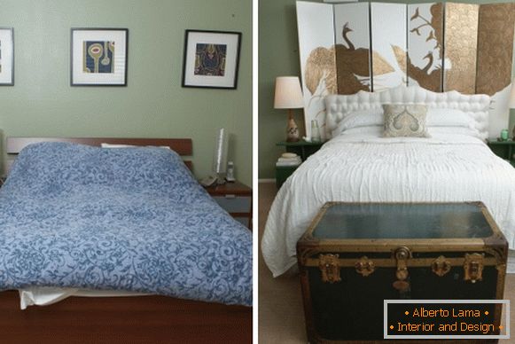 Unutrašnjost spavaće sobe u privatnoj kući prije i poslije popravaka