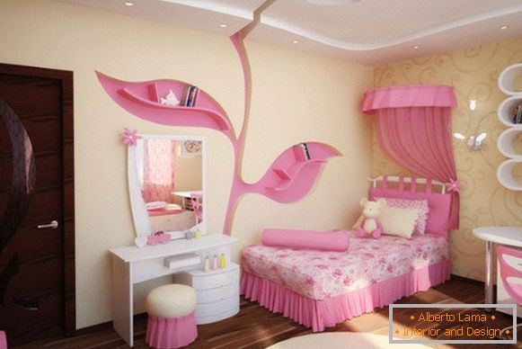 interijer dječje sobe za djevojku u žutim i ružičastim tonovima