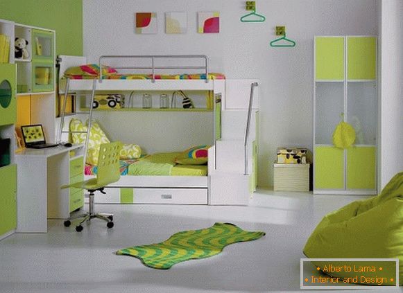 Moderni dizajn interijera dječje spavaće sobe u svijetlo zelenoj boji