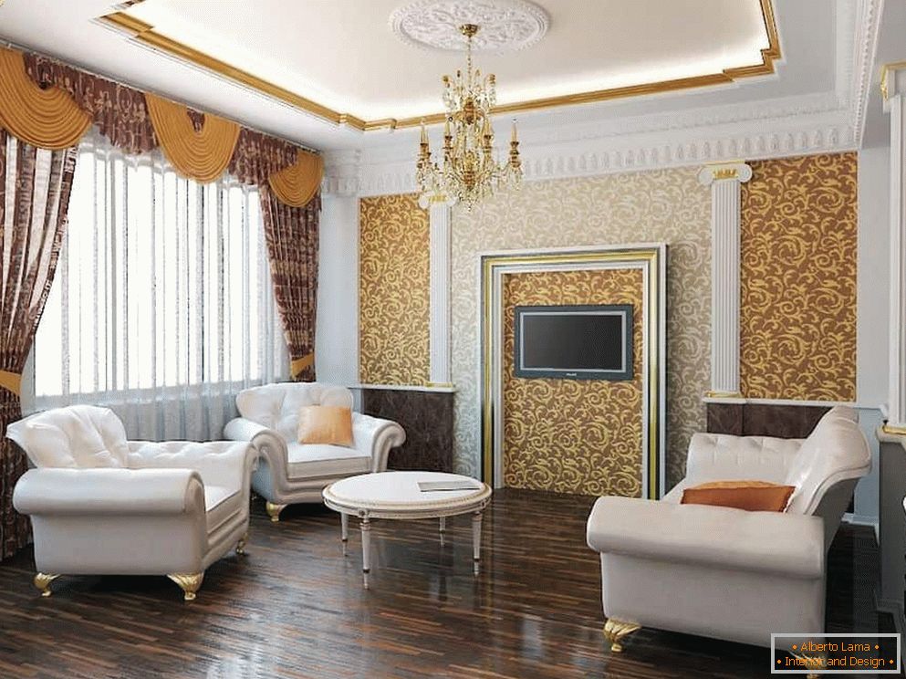 Zavjese u dizajnu dnevne sobe u klasičnom stilu
