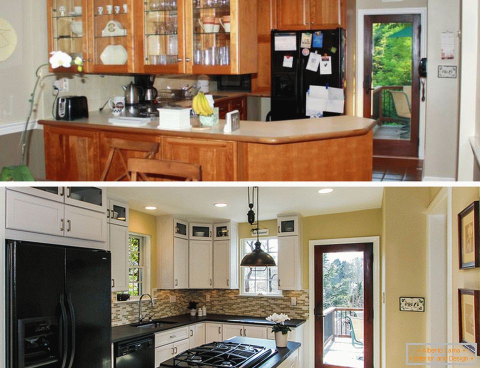 Unutrašnjost male kuhinje prije i nakon popravka