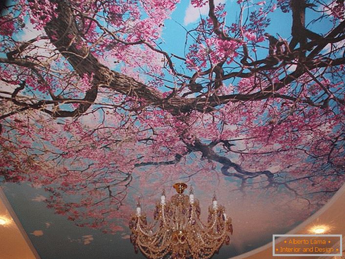 Cvjetanje trešnjinih cvjetova često koriste moderni dizajneri za ukrašavanje stropova. Stvarno rješenje za registraciju gostinjske sobe ili dvorane.