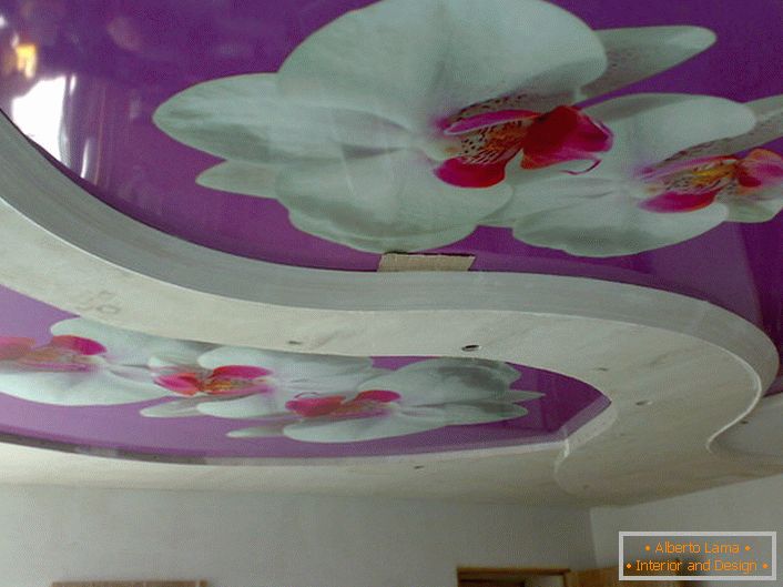 Sastav cvijeća na stropovima s ispisom fotografija - zanimljivo rješenje za uređenje dnevne sobe.