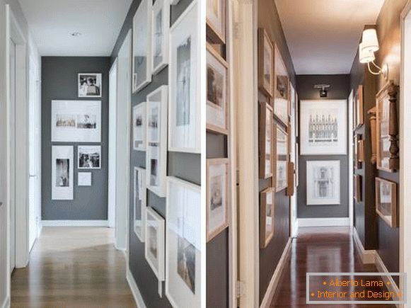 Dizajn uskog koridora u stanu s fotografijama i slikama na zidovima