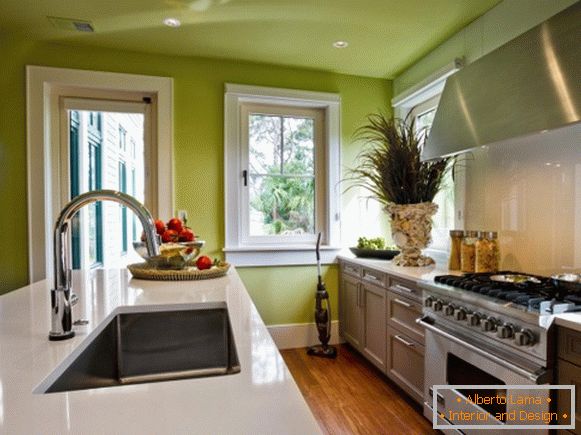 Kuhinjski dizajn s zelenim zidovima i stropom