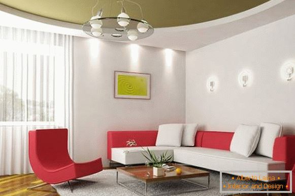 Zelena rastezljiva strop u dizajnu dnevne sobe u modernom stilu