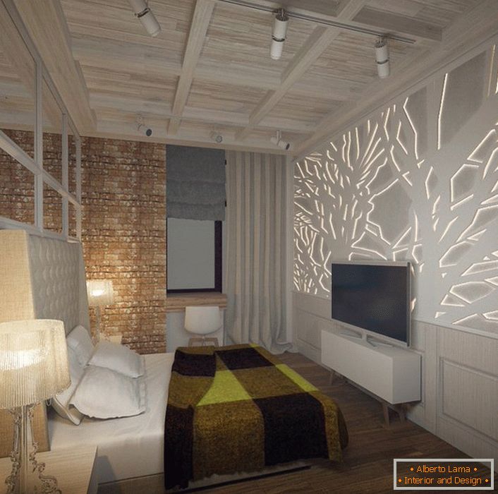 Spavaća soba je dizajnirana prema zahtjevima stila. Pažnja privlači zidnu ploču od gips ploče s LED pozadinskim osvjetljenjem. 
