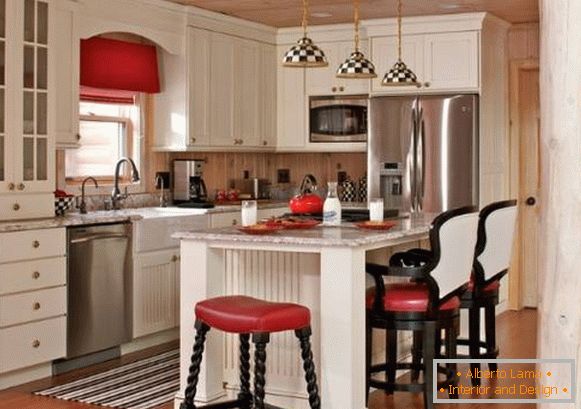 Svijetla kuhinja interijera u zemlji stil - fotografije u crno-bijeloj i crvenoj boji