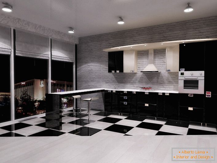 Kuhinja u stilu minimalizma u studio apartmanu s panoramskim prozorima izvrstan je izbor za ljude koji vole prostor i slobodu djelovanja.