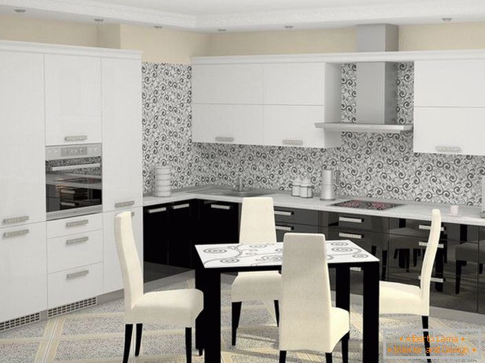 Bijela crna kuhinja u visokotehnološkom stilu s ugrađenim aparatima izgleda organski u cjelokupnom konceptu dizajnerske ideje. 