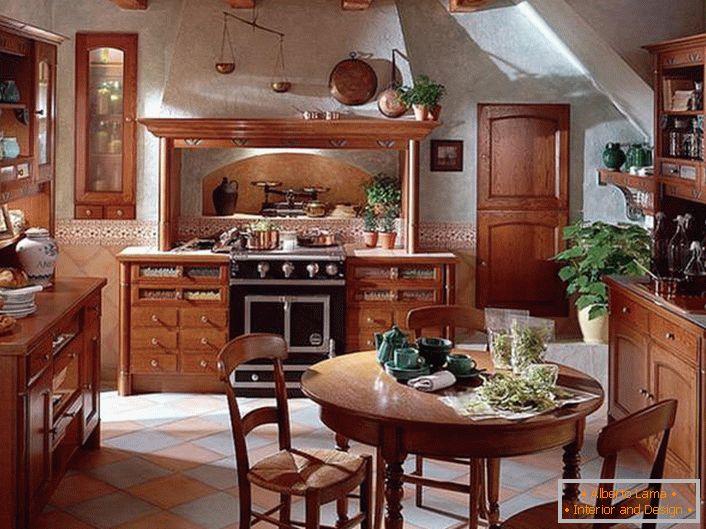 Klasična domaća kuhinja s pravilno odabranim namještajem. Skladan ukras kuhinjskog prostora bio je zeleno cvijeće u glinenim posudama različitih veličina.