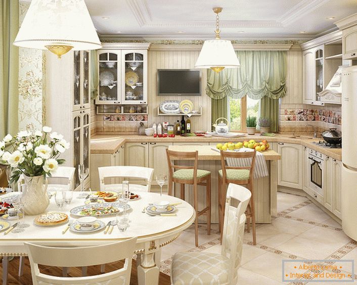 Kuhinja, organizirana u stilu zemlje, kombinira se sa dnevnim boravkom. Pravilno raspored svjetlosti i dekorativnih naglasaka čini sobu atraktivnim i profinjenim.