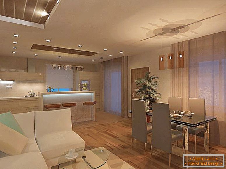 Minimalistički dnevni boravak povezan je s kuhinjom. Za minimalistički stil, uporaba stropnih lustera nije tipična, najbolja opcija je točka LED osvjetljenja.