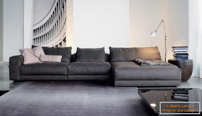Ugodni modularni sofe za unutrašnjost dnevne sobe u stilu minimalizma. Baggy modularni dizajn smanjuje strogost prostranog dnevnog boravka.