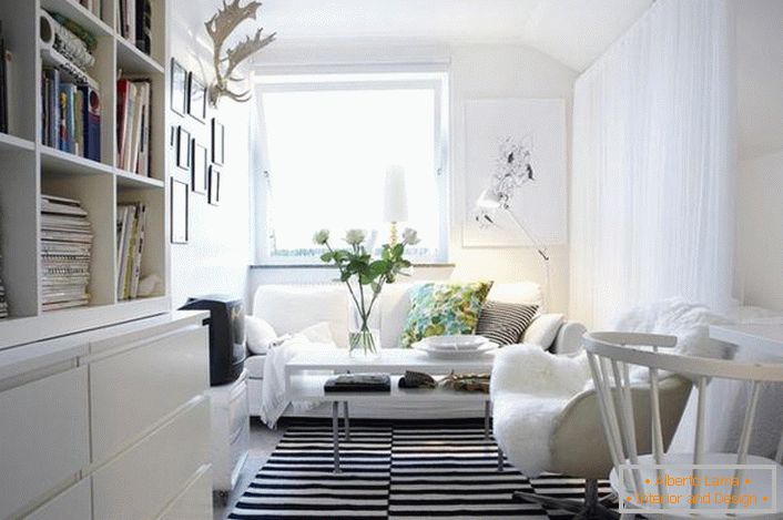 Klasična kombinacija crnog i bijelog izgleda isplativo u unutrašnjosti u skandinavskom stilu. Bijeli namještaj čine dnevni boravak laganim i ugodnim.