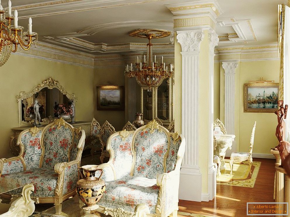 Izuzetan, luksuzno ispunjen barokni stil za gostinjsku sobu. Točan primjer rasvjete za barokni stil.
