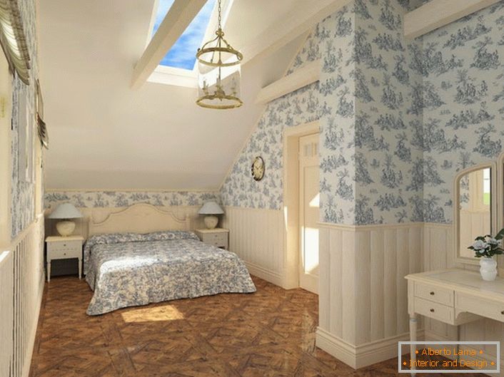 Laconic dizajn ideja je spavaća soba u country stilu. Minimalan namještaj i pravilno odabrani završetak.