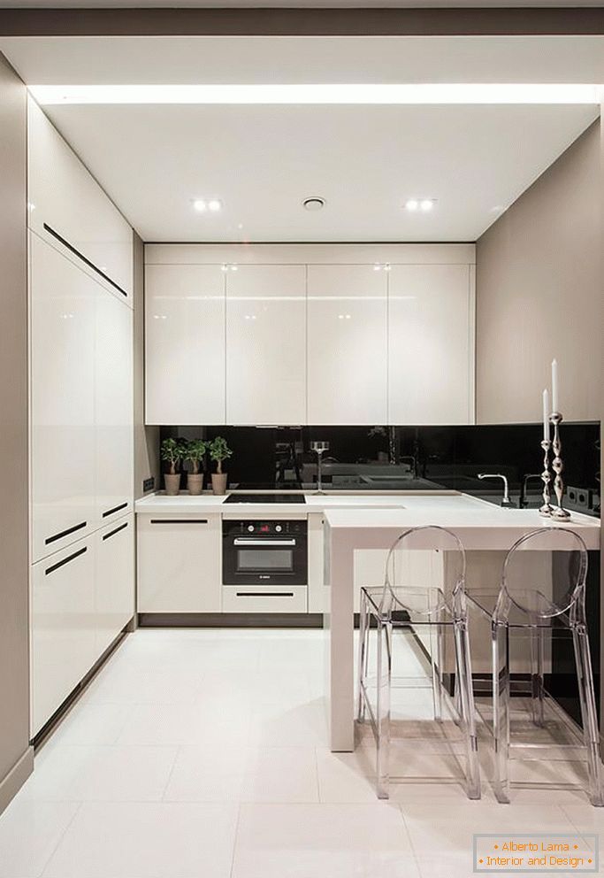 Elegantna crna i bijela kuhinja u malom prostoru