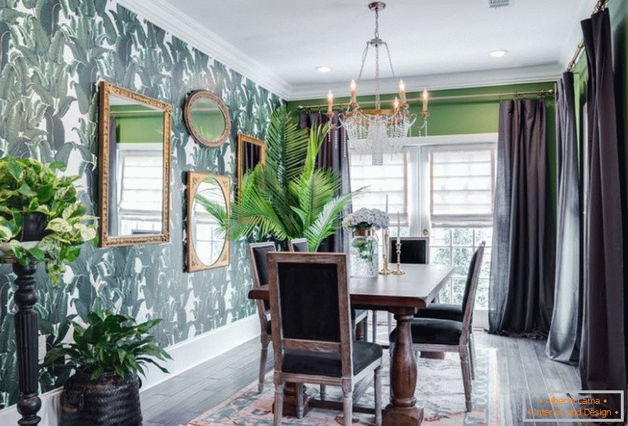 Zelene zidove i sive zavjese u dekoru sobe