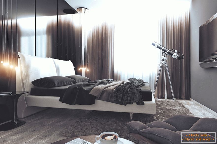 Spavaća soba u crno-bijeloj boji u stanu za uspješnu neženja u Rusiji