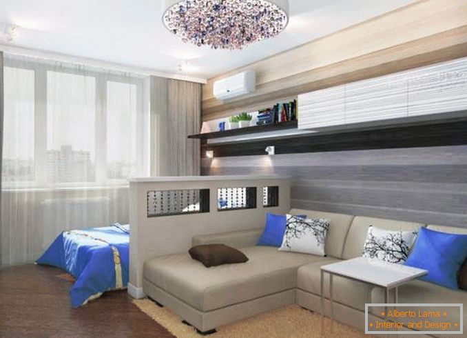 Dizajn dvosobnog stana s dječjom sobom - fotografija kombinirane spavaće sobe u dnevnom boravku