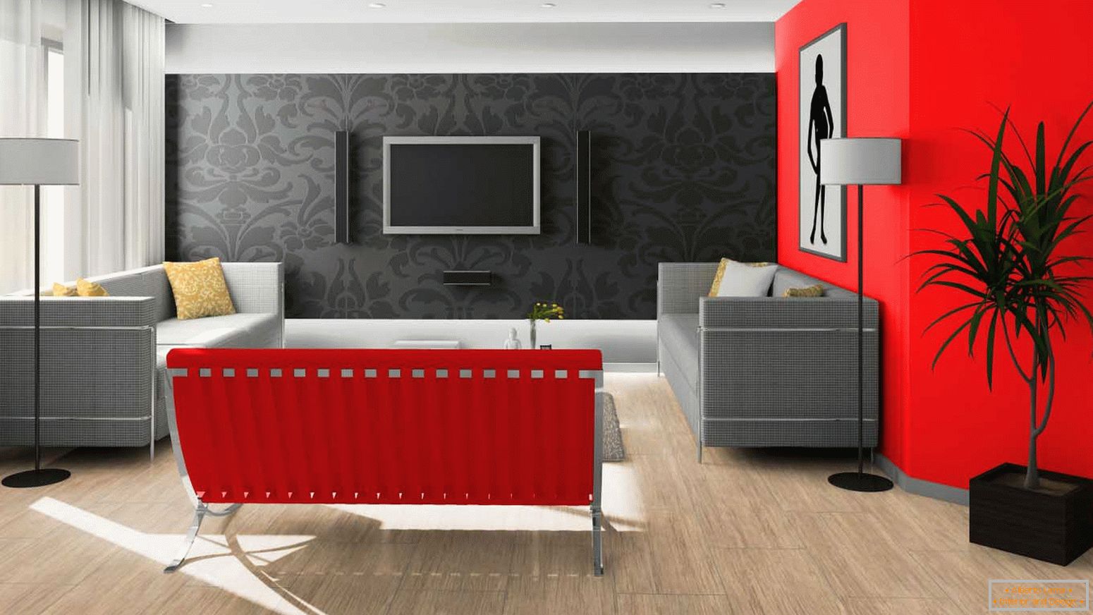 Crno i crveno u dizajnu dnevne sobe