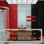 Interijer kupaonice u crvenoj, crnoj i sivoj boji