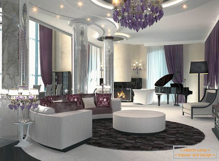 Višeslojni strop s točkastim rasvjetom nadopunjuje cjelokupni sastav Art Deco stila u kojem se izrađuje dnevna soba. 