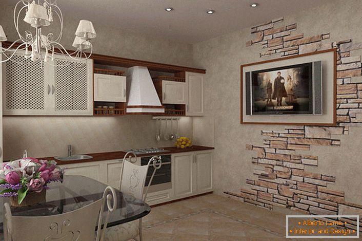 Dizajn projekta za dizajn male kuhinje u stilu zemlje. Boje svijetlog namještaja u kontrastu tamno smeđa ploča i viseće police čine vizualno prostranijom kuhinjom. Zanimljivo je i ukras zida uz pomoć prirodnog kamena.